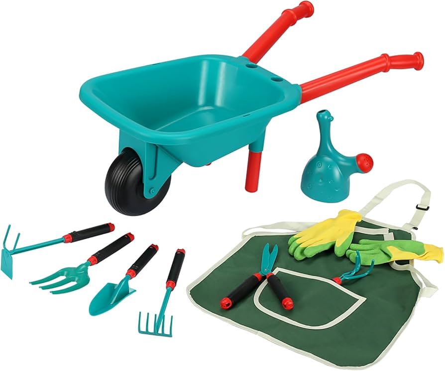 Hand tools and a wheelbarrow