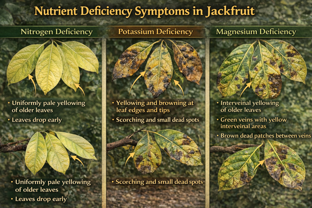 Nutrient deficiency symptoms on jackfruit leaves