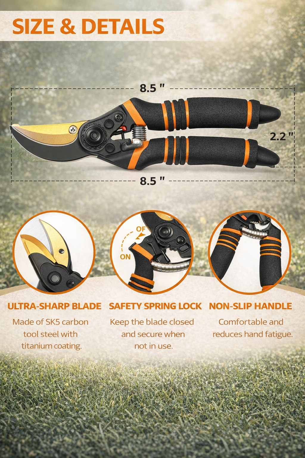 Buy Hewog Pruning Shears 8.5" – Heavy Duty SK5 Steel Garden Clippers - Image 2