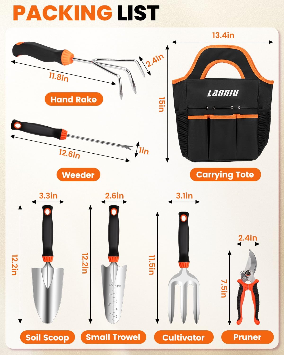 Buy 7 Piece Gardening Tools Set – Heavy Duty Stainless Steel Garden Tool Kit with Black Tote Bag - Image 3