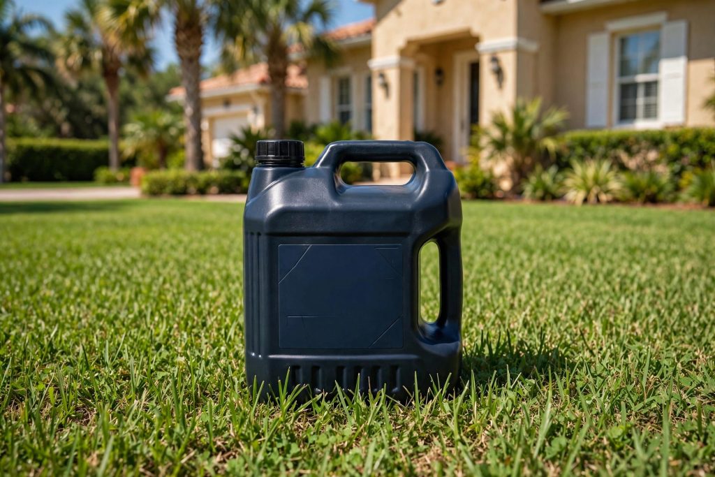 Celsius WG herbicide container on warm-season Bermuda lawn with palm trees