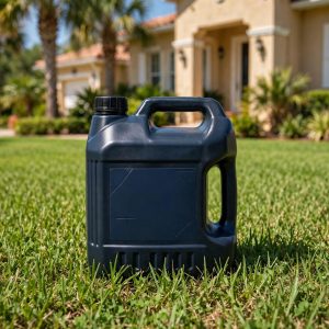 Celsius WG herbicide container on warm-season Bermuda lawn with palm trees