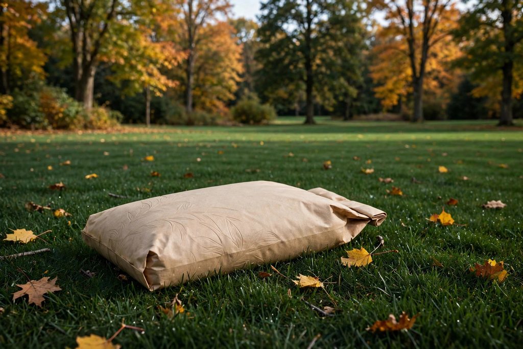 Cool season lawn fertilizer bag on fall fescue lawn 1