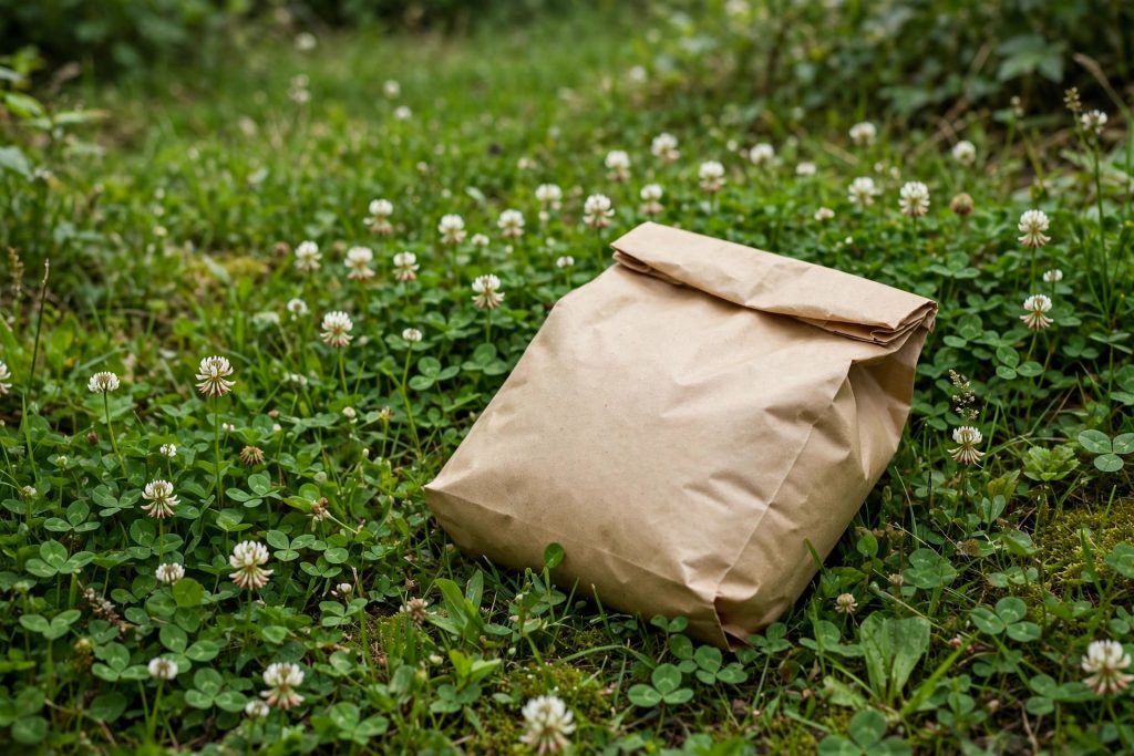 Espoma organic lawn food bag on clover-rich natural lawn