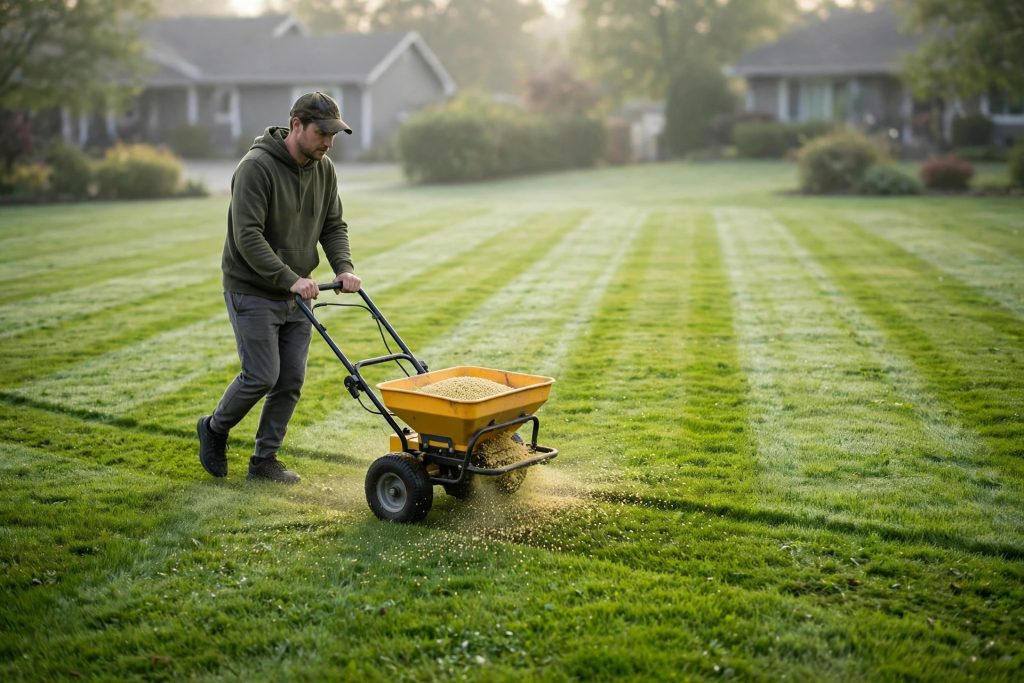 Homeowner applying best lawn fertilizer with a broadcast spreader
