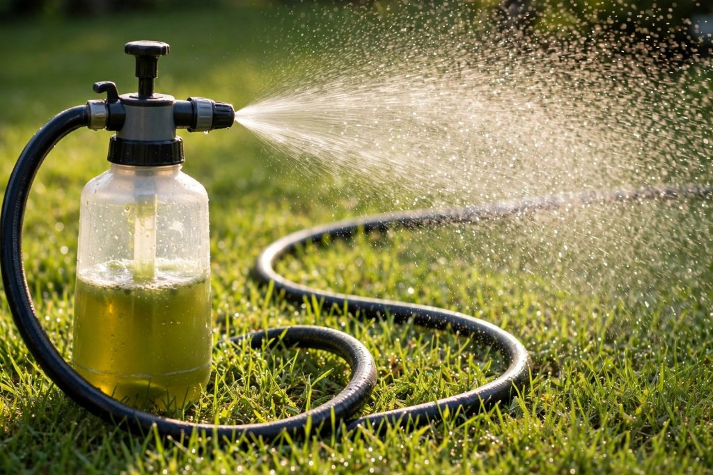 Liquid lawn fertilizer hose-end sprayer misting green grass