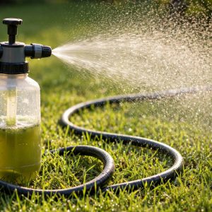 simple lawn solutions 16-4-8 liquid fertilizer sprayed on a green lawn with a hose-end sprayer bottle