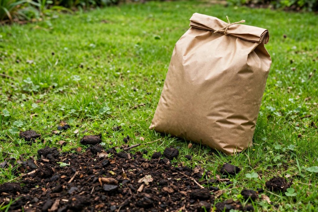 Milorganite organic lawn fertilizer bag with compost on lawn