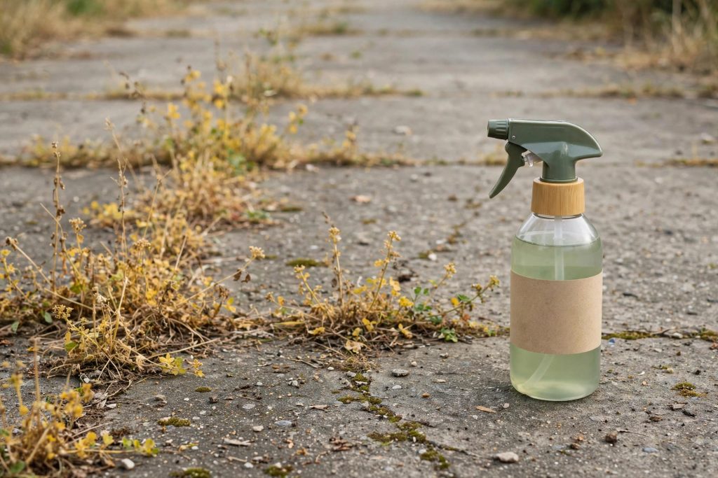 Organic weed killer for lawns spray bottle beside weeds in driveway cracks