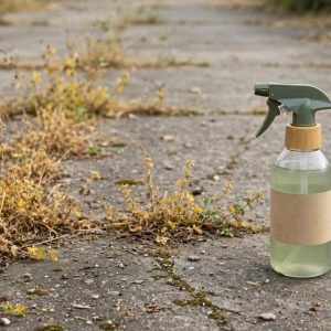 bonide burnout weed killer spray bottle beside weeds in driveway cracks
