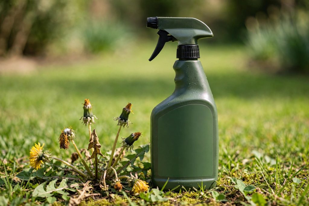 Ortho WeedClear lawn weed killer spray bottle beside wilting dandelions