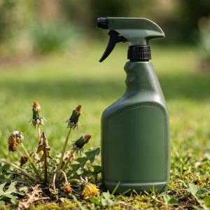 Ortho WeedClear lawn weed killer spray bottle beside wilting dandelions