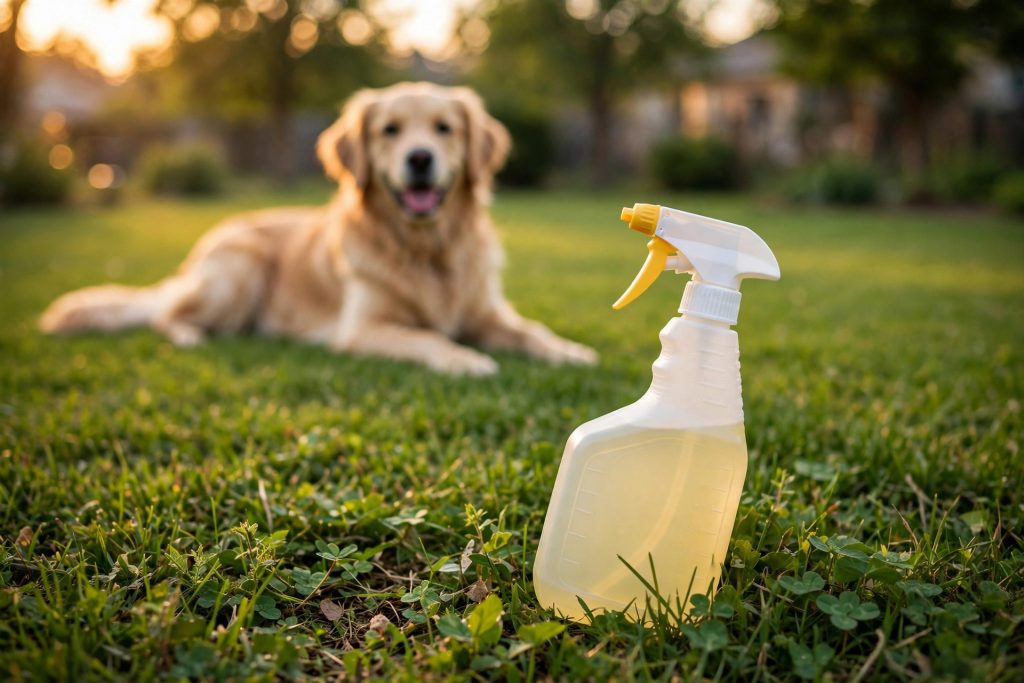 Pet safe weed killer for lawns spray bottle with dog resting on grass