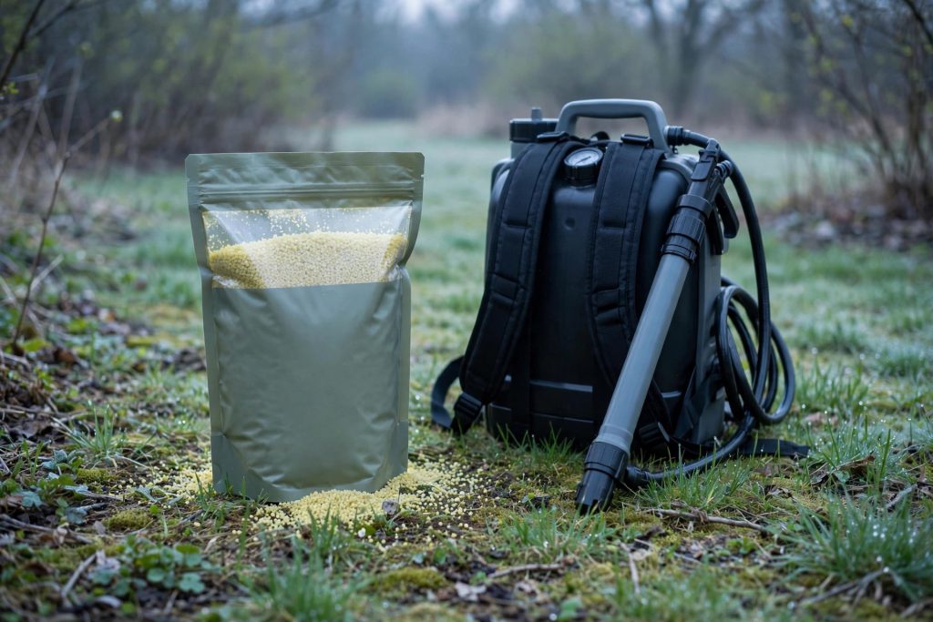 Prodiamine pre emergent weed killer granules with backpack sprayer on spring lawn