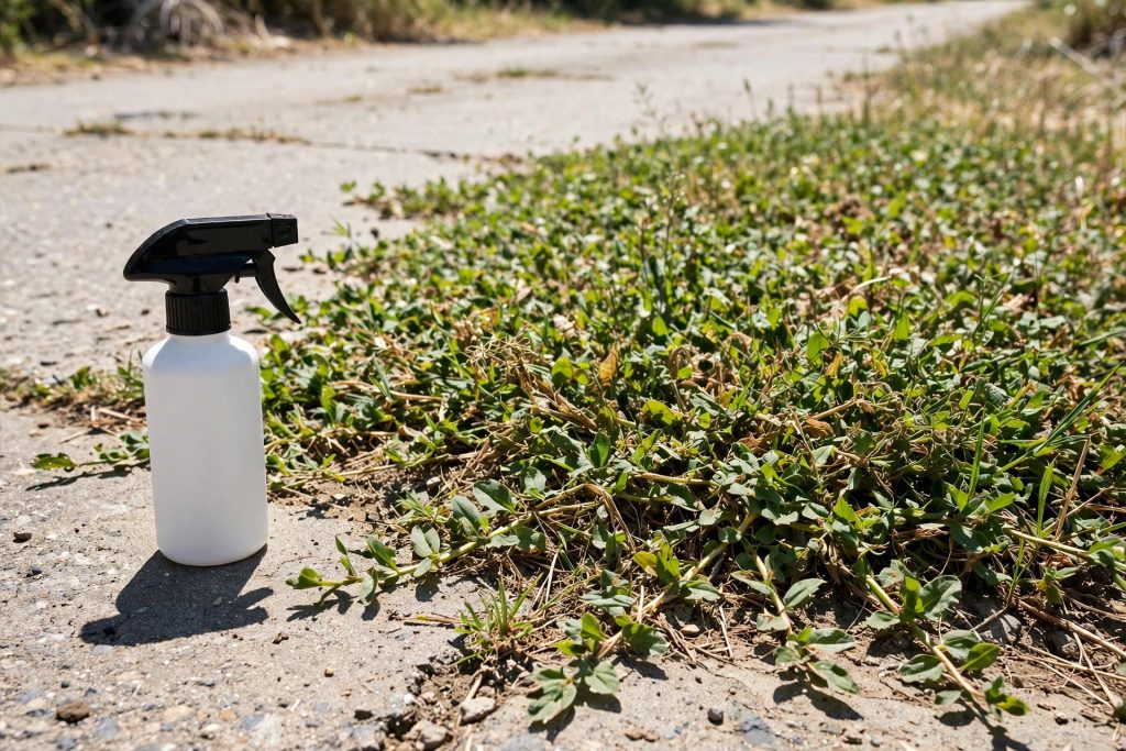 Quinclorac crabgrass killer sprayer beside crabgrass at driveway edge