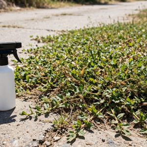 quinclorac 75 df crabgrass killer sprayer beside crabgrass at driveway edge