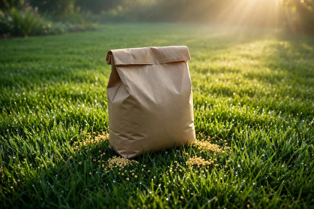 Scotts Green Max lawn food bag on deep green dewy lawn