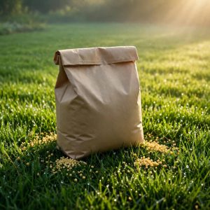 Scotts Green Max lawn food bag on a deep green dewy lawn