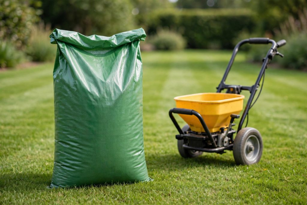 Scotts Turf Builder Lawn Food bag with broadcast spreader on green lawn