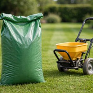 scotts turf builder lawn food bag beside a broadcast spreader on a green lawn