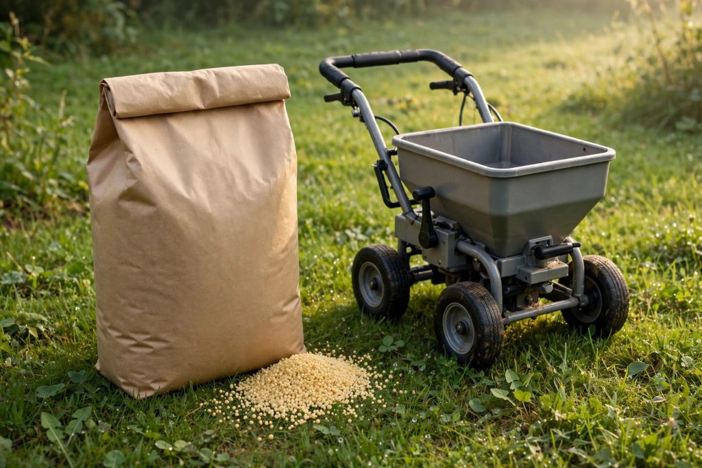Scotts Weed and Feed granular bag with broadcast spreader on lawn