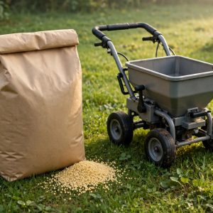 Scotts Weed and Feed granular bag with broadcast spreader on lawn