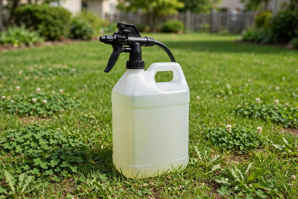 Spectracide Weed Stop gallon sprayer on clover lawn