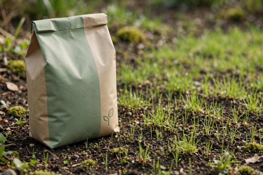 Starter lawn fertilizer bag beside newly seeded grass sprouts