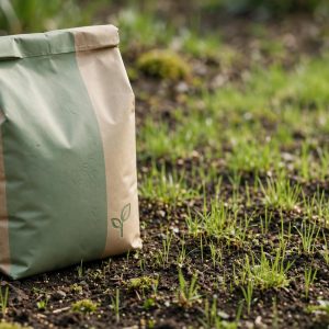Bag of scotts starter fertilizer beside newly seeded grass sprouts