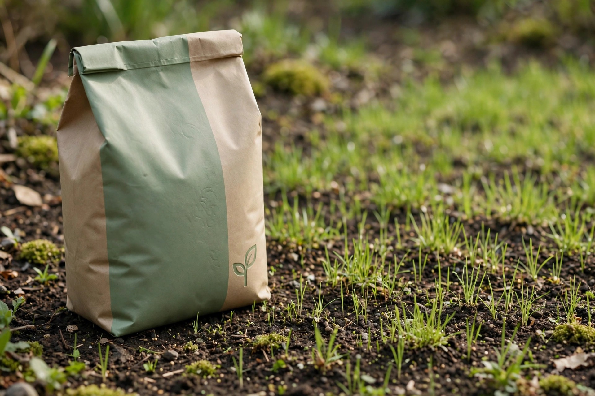 Bag of scotts starter fertilizer beside newly seeded grass sprouts
