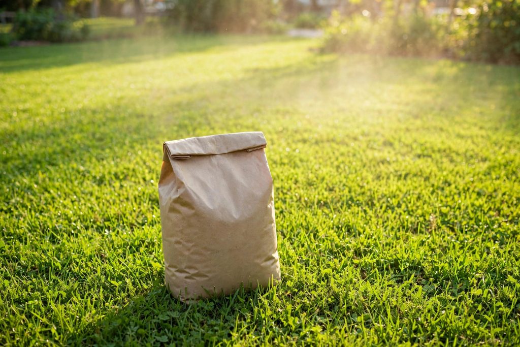 Summer lawn fertilizer bag on sunlit green grass