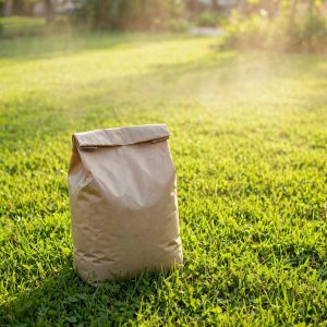 Bag of scotts summerguard lawn food on sunlit green grass