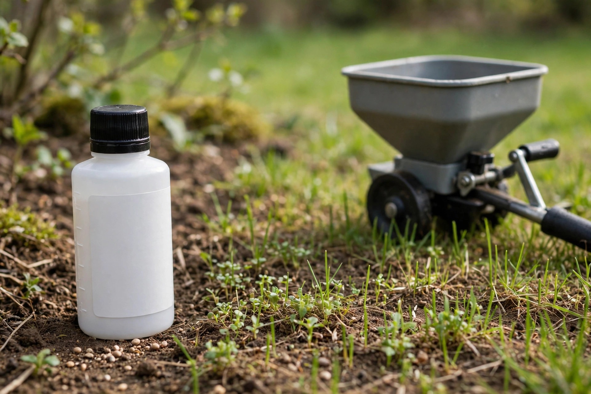 Tenacity herbicide bottle beside newly seeded lawn and spreader