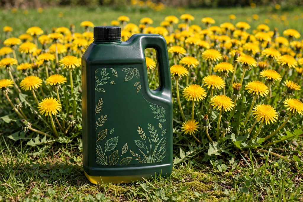 Trimec dandelion killer for lawns bottle in front of dandelion patch