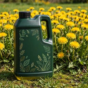 Trimec Classic herbicide concentrate bottle in front of a dandelion patch on a lawn