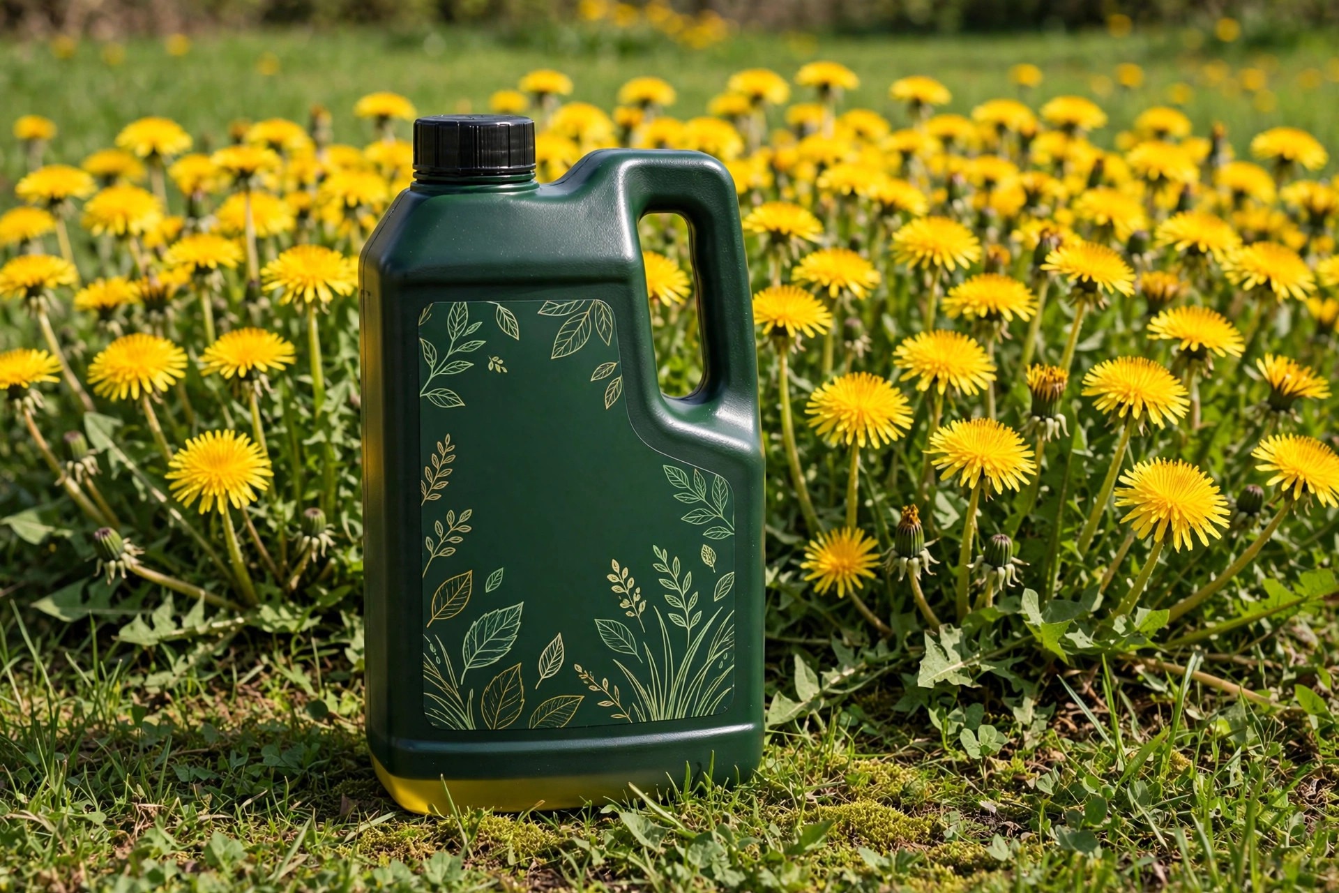 Trimec Classic herbicide concentrate bottle in front of a dandelion patch on a lawn