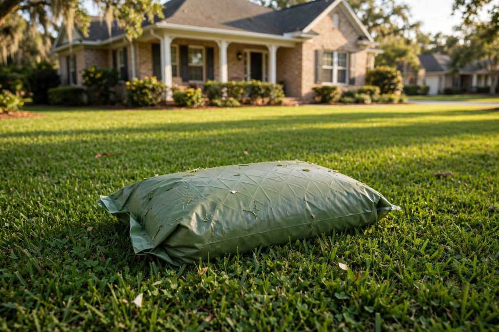 Warm-season lawn fertilizer bag on Bermuda grass lawn