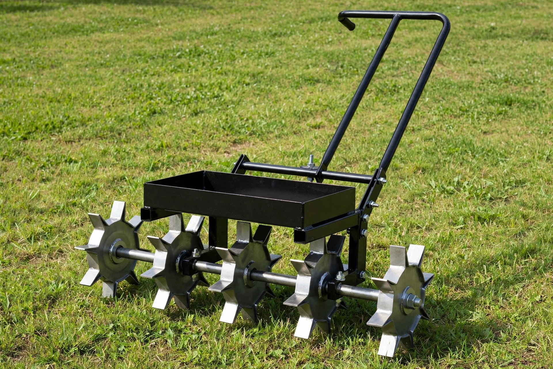 Suchtale 18 inch rolling lawn aerator with five star wheels and weight tray on a large lawn