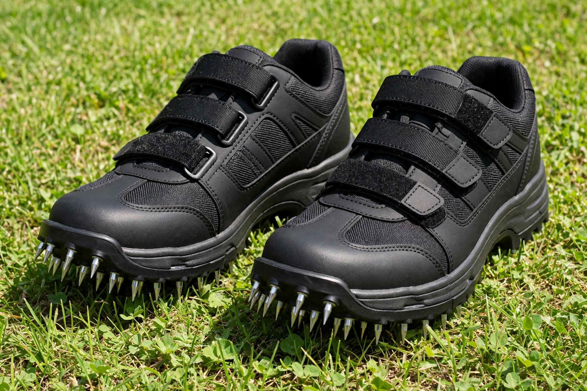 Briliantwerk aerator shoes with spiked soles and adjustable straps on a lawn