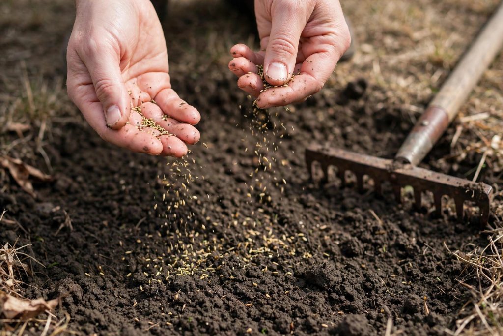 scattering grass seed over loosened soil to fix bare spots in lawn