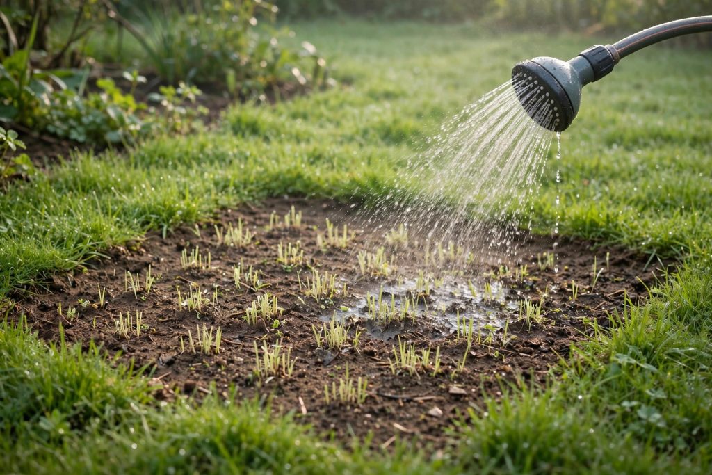 watering a newly seeded bare spot in lawn with a gentle hose spray