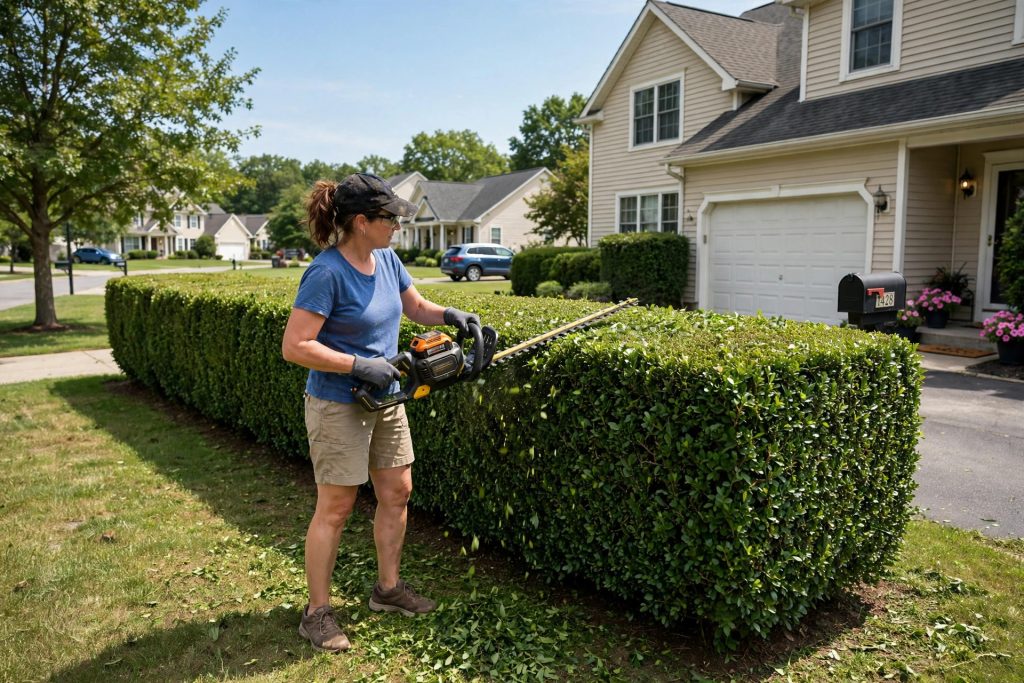 best cordless hedge trimmer trimming a green hedge