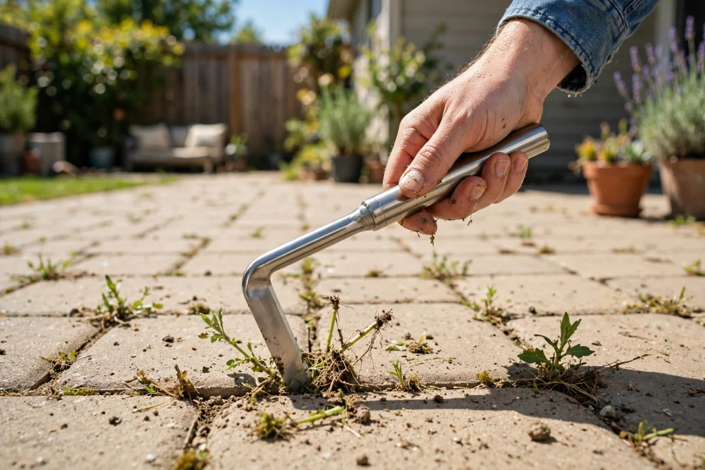 Best crack weeder with an L-shaped stainless blade and beech handle clearing weeds from a paver joint