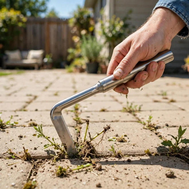 Best crack weeder with an L-shaped stainless blade and beech handle clearing weeds from a paver joint