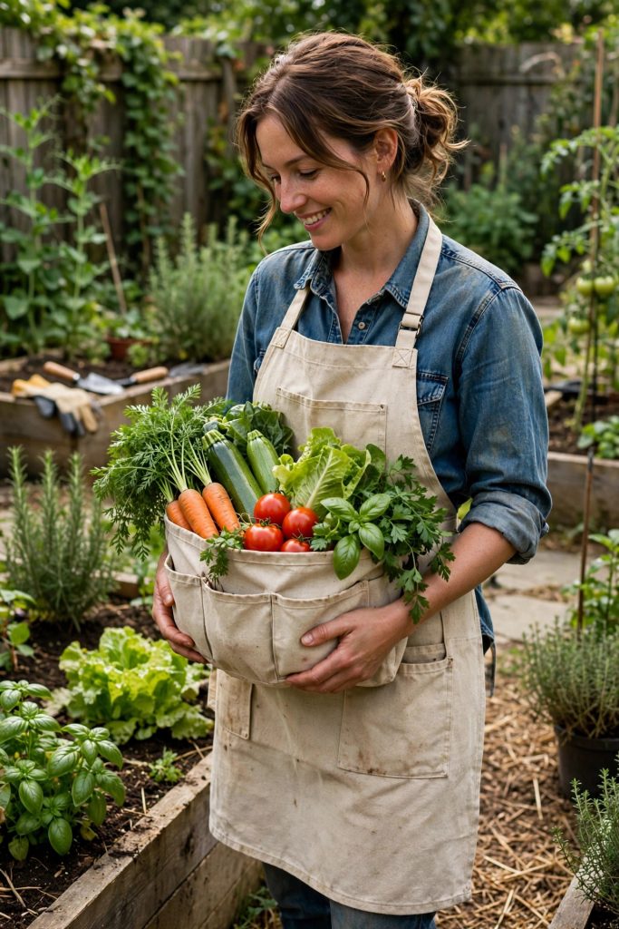 best garden apron harvest pouch apron carrying vegetables in a kitchen garden