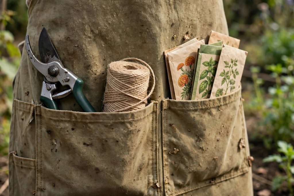 best garden apron pockets holding pruners twine and seed packets close up