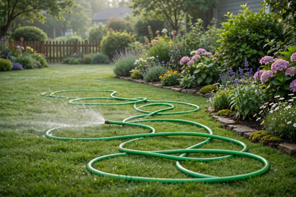 Best garden hose no kink laid flat in loose loops on a green home lawn beside flower beds