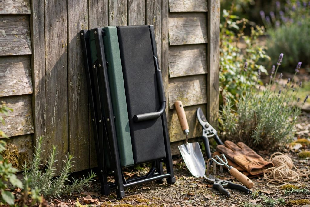 best garden kneeler folded flat against a shed wall for storage