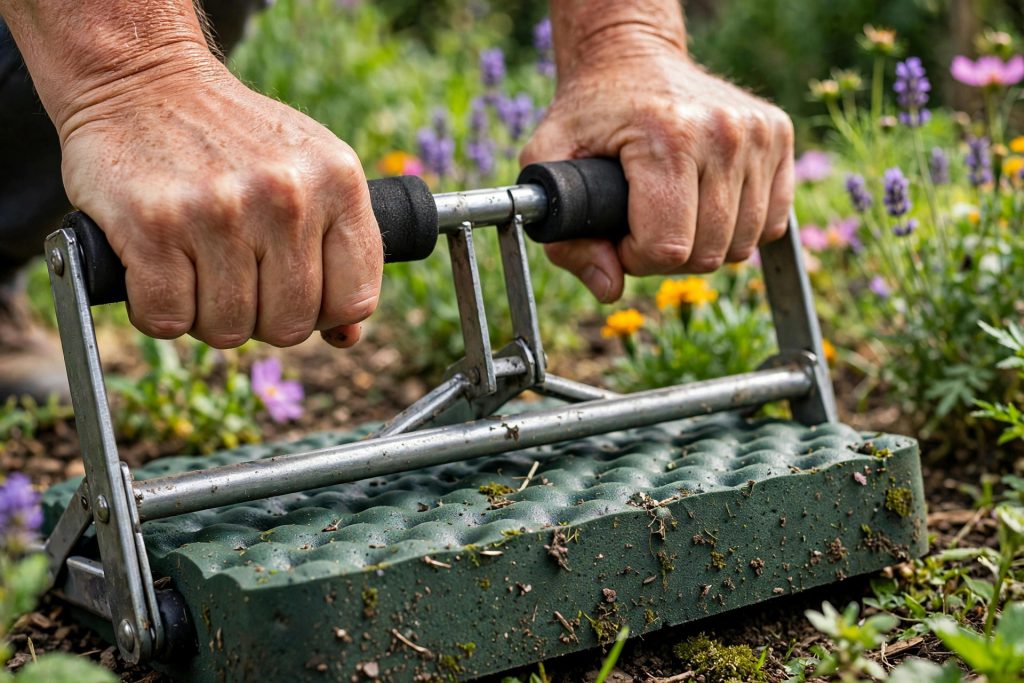 hands gripping best garden kneeler handles to stand up