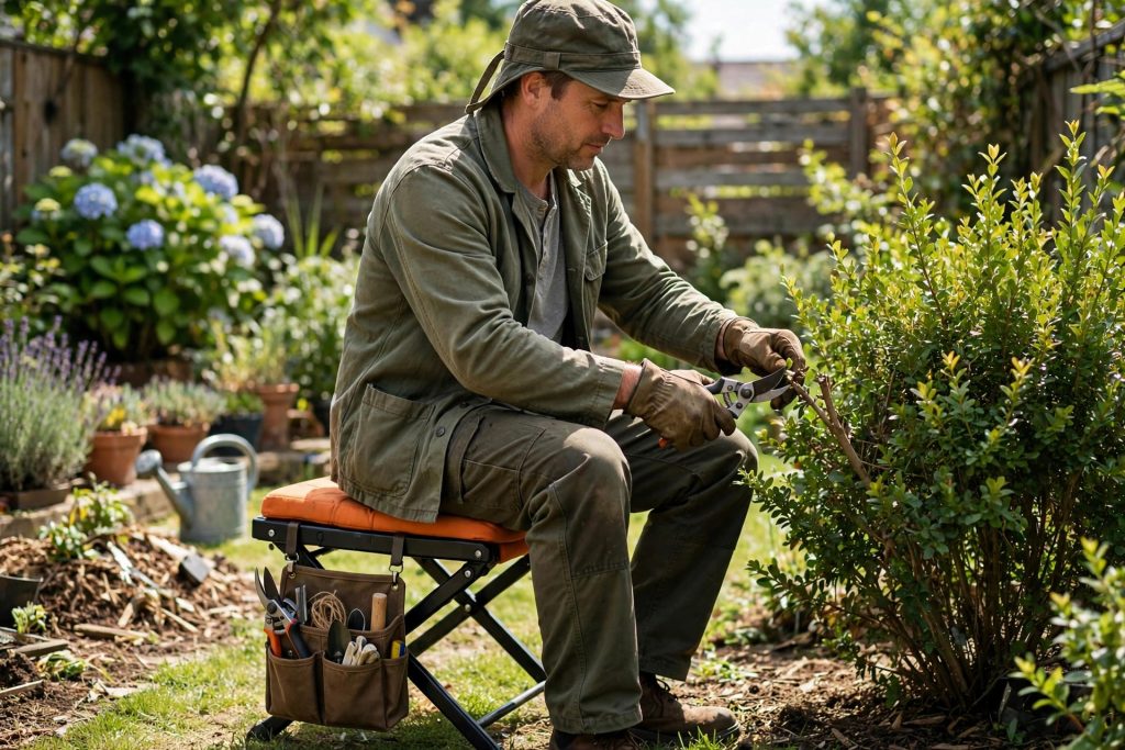 best garden kneeler flipped over as a garden seat for pruning